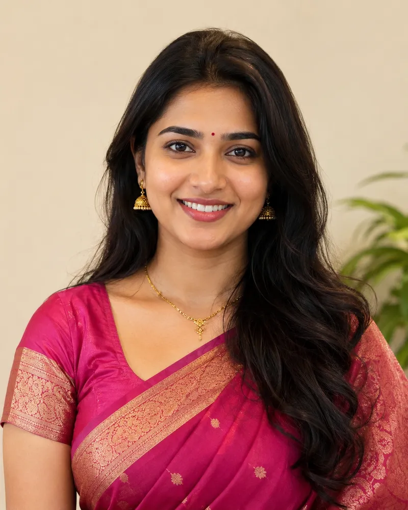 Profile photo of a smiling young Maharashtrian woman in a pink saree